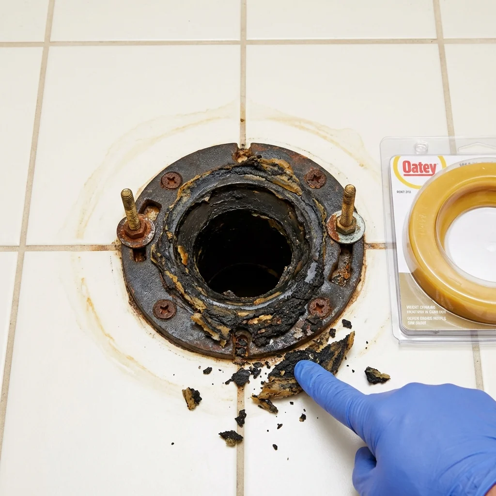 Failed wax ring showing water seepage at the base of a toilet in a Brewster, WA home