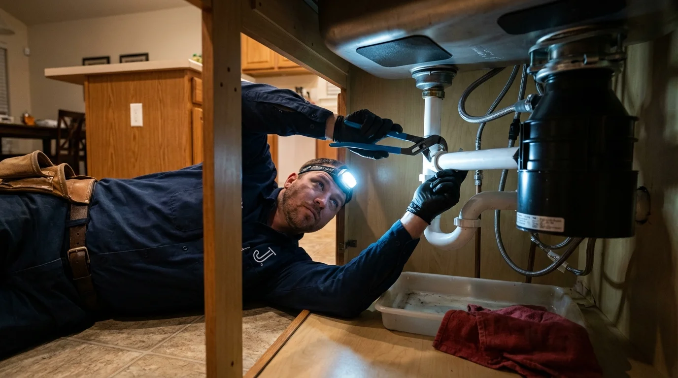 P-trap and supply line connections under a kitchen sink showing a common leak point in Brewster, WA